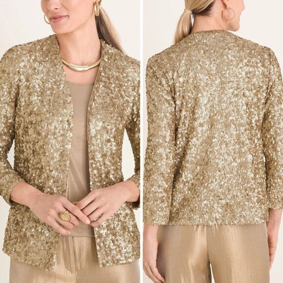 NEW Chico's gold Sequin long-sleeve open front Jacket blazer, 1 (M/8)‎ - Picture 1 of 15